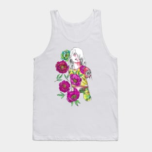 Woman With White Hair - Fashion Illustration with Pink Flowers. Tank Top